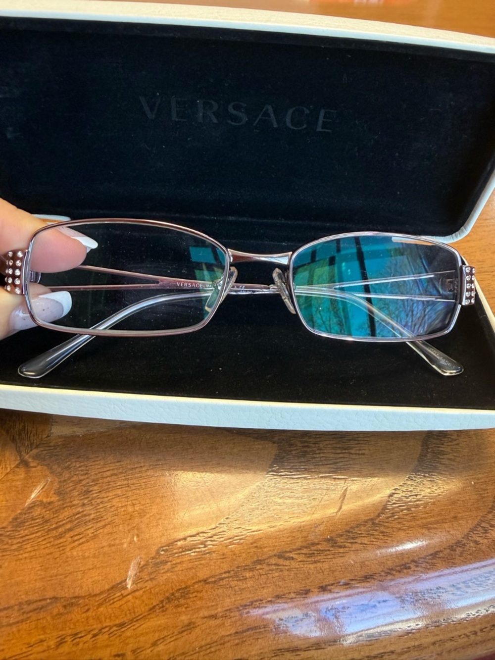 Versace Rose Gold Rectangular Eyeglasses with Crystal Accents